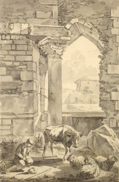 Shepherd with a Cow and Sheep in a Ruin, 1693 by Willem Romeyn